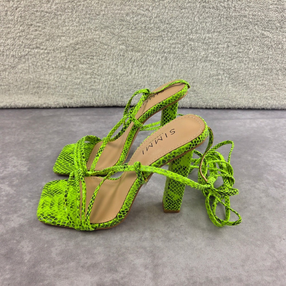 Simmi London Frances-2 Neon Green Snakeskin Lace Up Square Toe Block Heels 7